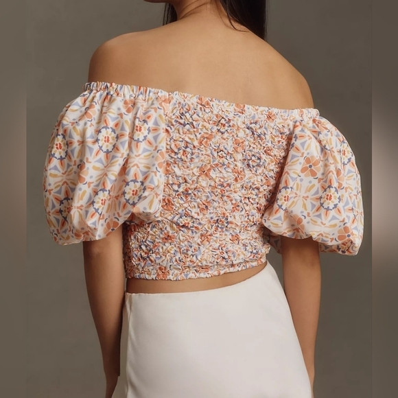 DOLAN Anthropologie Off-Shoulder Puff Sleeve Textured Top, Orange Pattern, XL - Picture 5 of 13